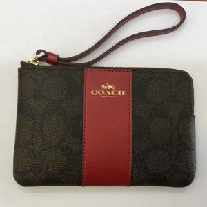 Coach NWT Authentic Woman's Corner Zip Wristlet Signature PVC Brown/1941 Red